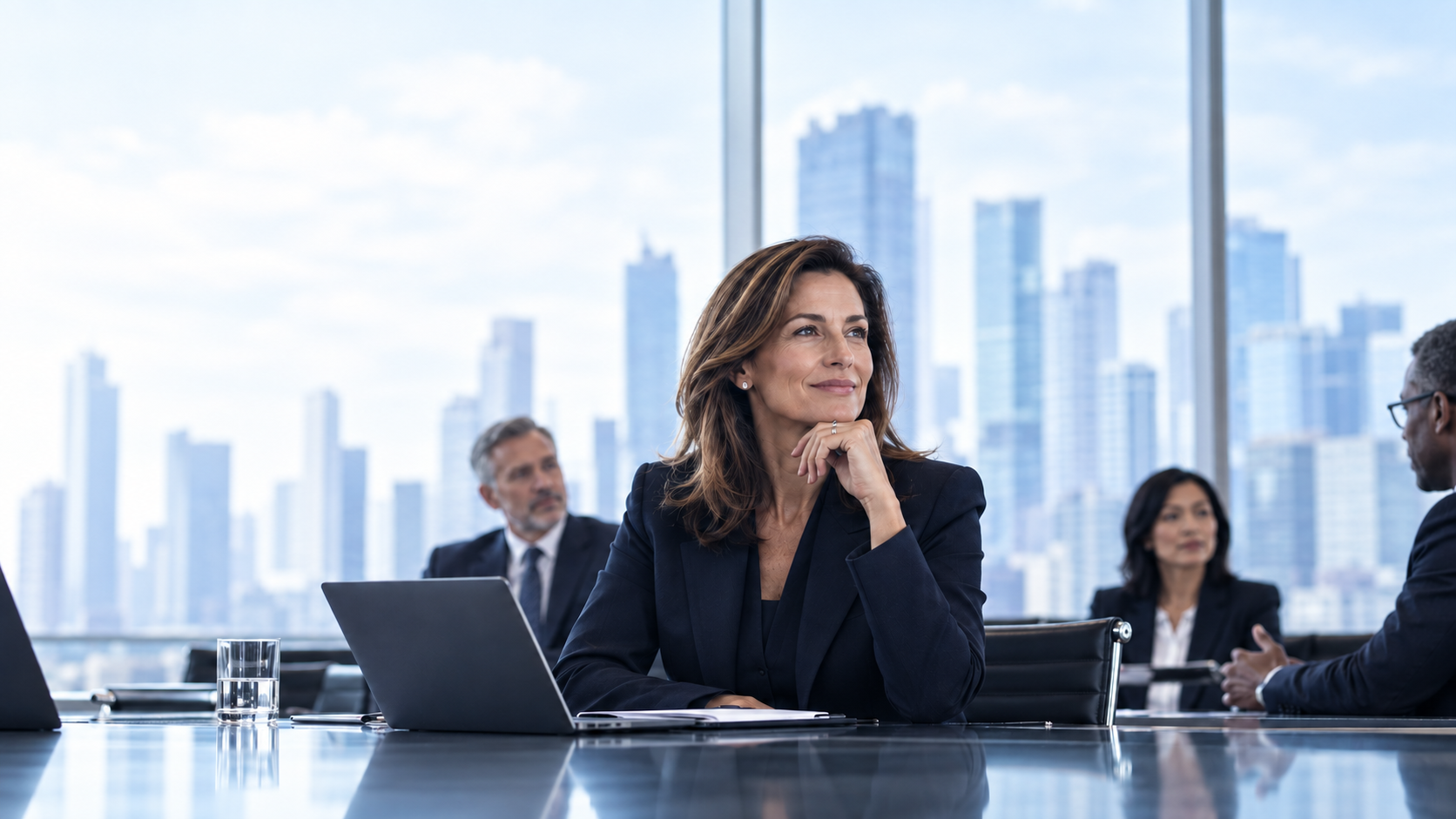 Executive reflecting on leadership in a modern boardroom
